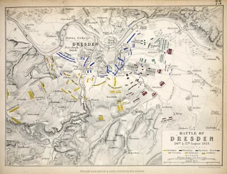 Mapa da Batalha de Dresden, publicado por William Blackwood and Sons, Edimburgo e Londres, 1848 (gravura colorida à mão)